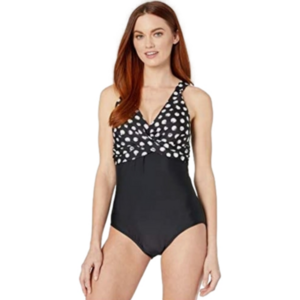 Maxine of Hollywood Dandelion Dot Drape Wrap Front Swimsuit, Black/White, 14